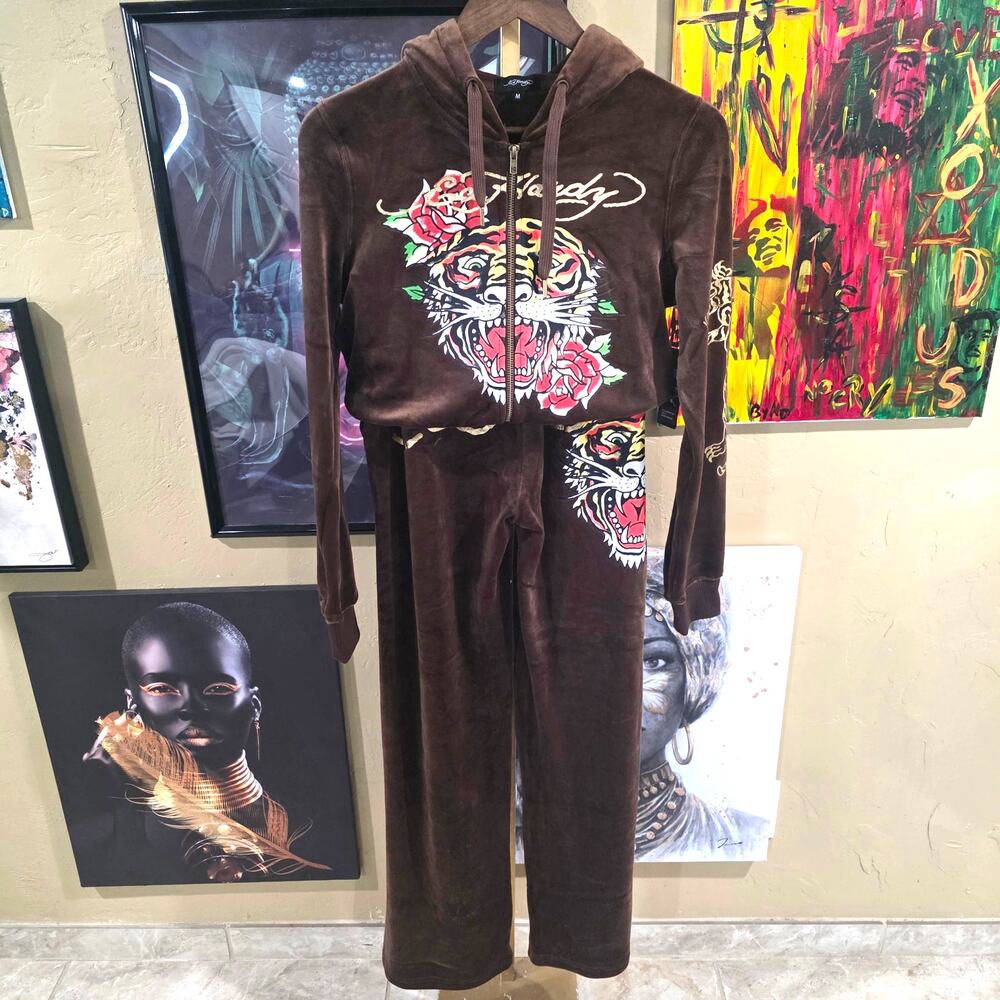 NWT 2PC Ed Hardy Velure Y2K Style Tiger Brown Track Suit Grunge Cropped Medium